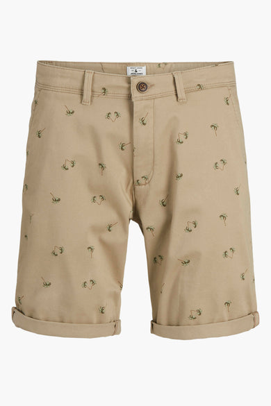Beige bermuda van JACK & JONES JEANS INTELLIGENCE met donkergroen palmboompatroon.