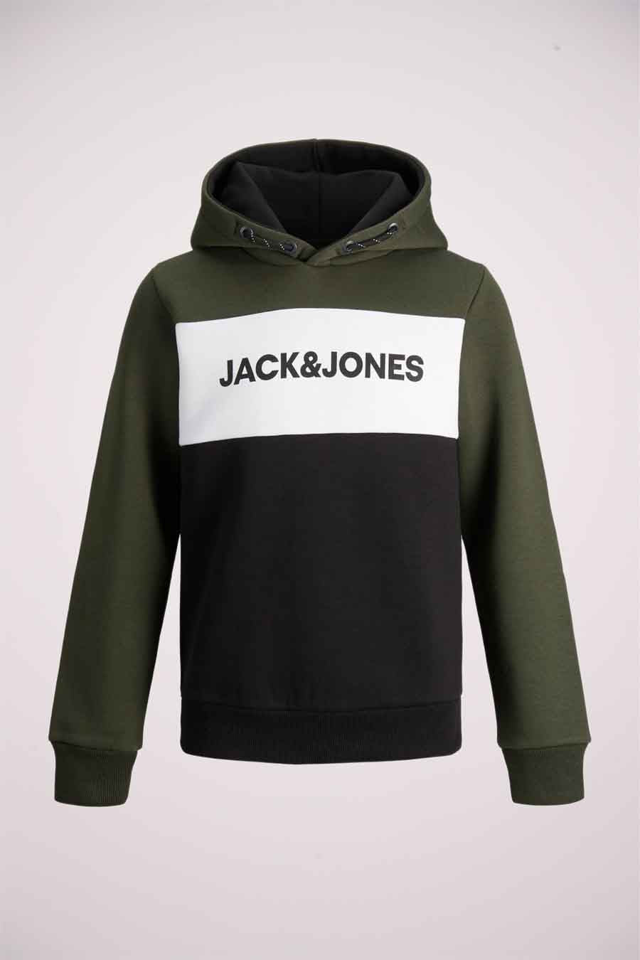 Sweat à capuche vert, de JACK & JONES KIDS, avec bloc de couleur blanc et noir sur le devant.