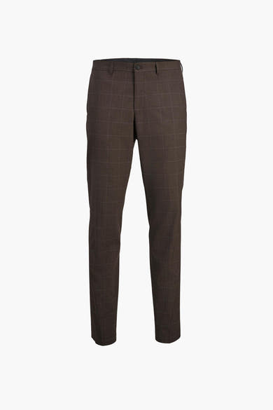 Pantalon de costume brun par PREMIUM by JACK & JONES à carreaux marron et gris, coupe droite.
