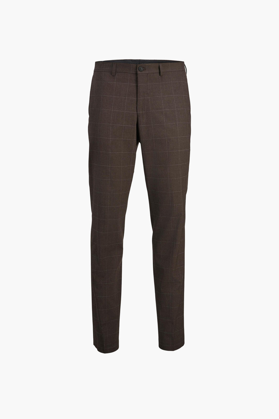 Pantalon de costume brun par PREMIUM by JACK & JONES à carreaux marron et gris, coupe droite.