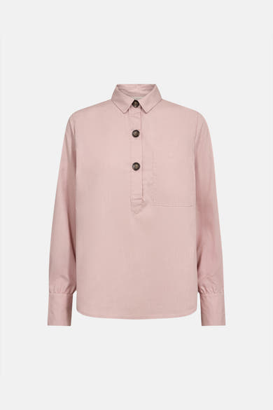 Pink long-sleeve blouse with button placket and chest pocket, front view, textured fabric