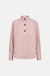 Pink long-sleeve blouse with button placket and chest pocket, front view, textured fabric