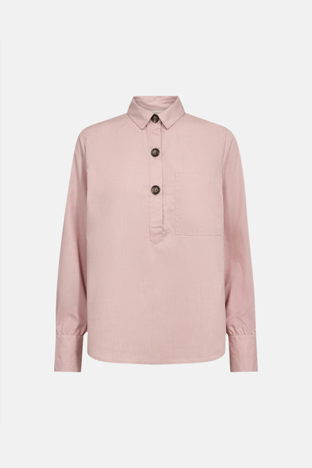 Pink long-sleeve blouse with button placket and chest pocket, front view, textured fabric