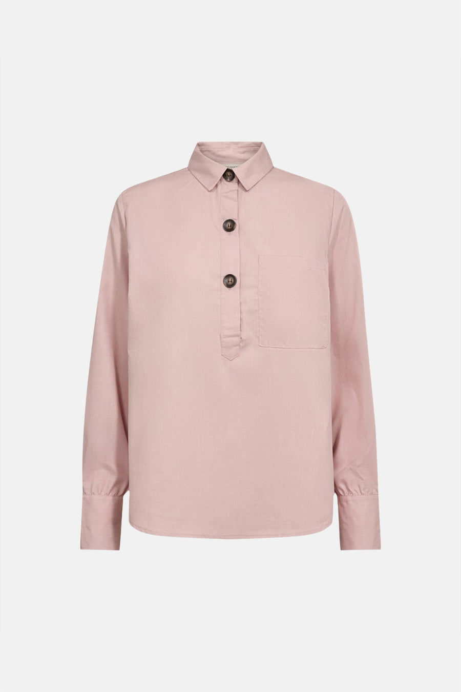 Pink long-sleeve blouse with button placket and chest pocket, front view, textured fabric