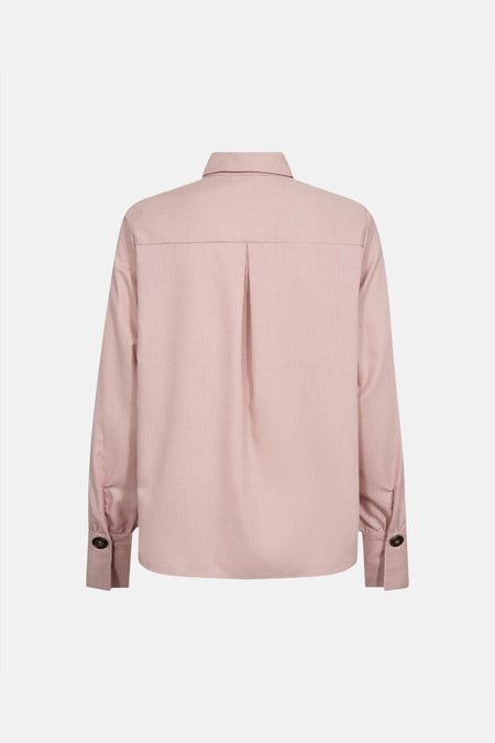 Pink long-sleeve blouse with back pleat and buttoned cuffs, back view