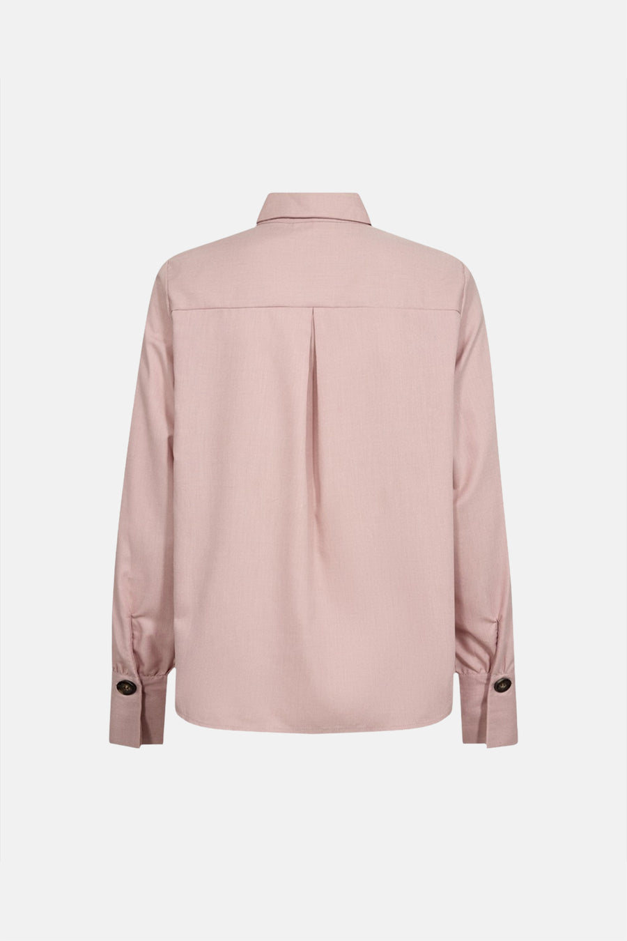 Pink long-sleeve blouse with back pleat and buttoned cuffs, back view