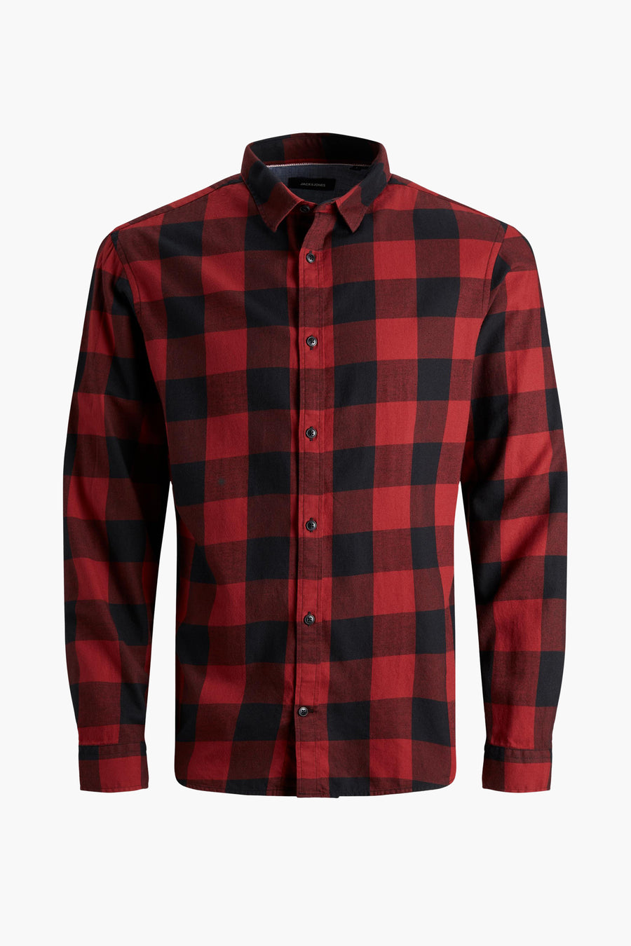 Rood geruit overhemd met lange mouwen van JACK & JONES, met zwarte knopen.
