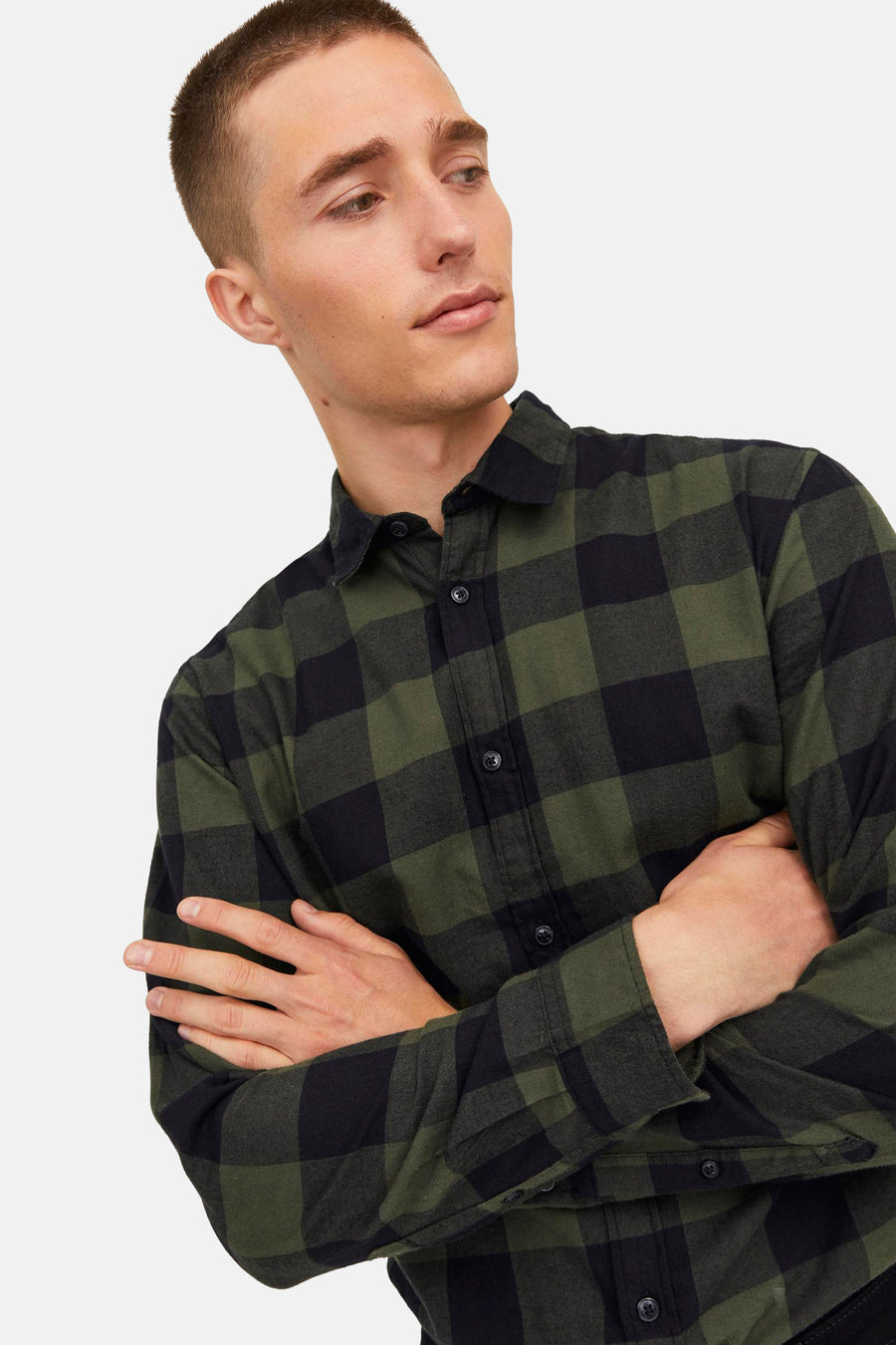 Chemise à manches longues verte à carreaux de JACK & JONES avec col boutonné et manches croisées.