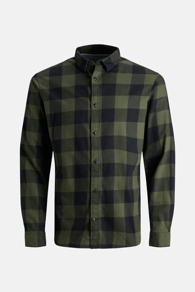 Chemise à manches longues verte à carreaux de JACK & JONES, avec une fermeture boutonnée sur le devant.