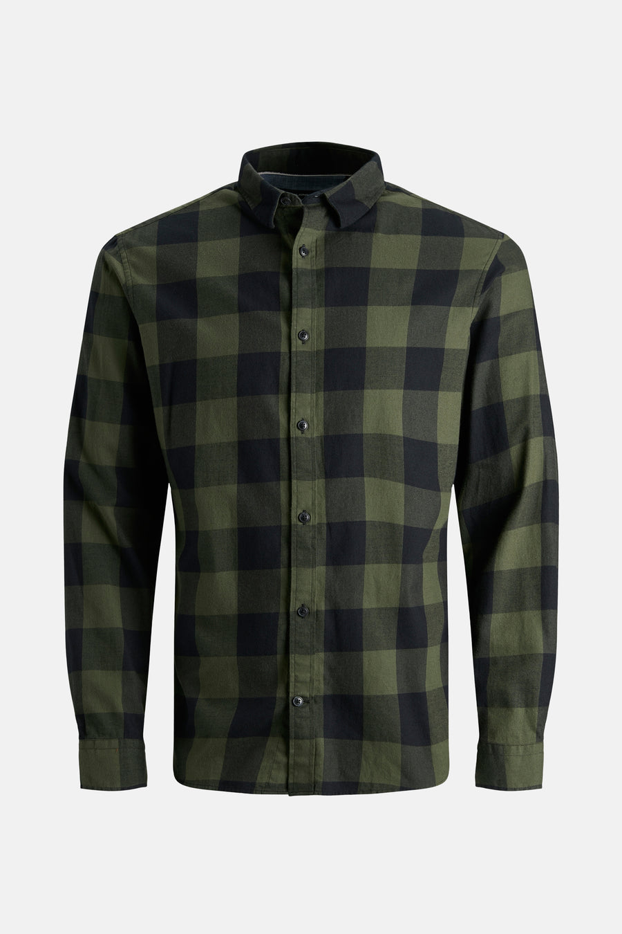 Chemise à manches longues verte à carreaux de JACK & JONES, avec une fermeture boutonnée sur le devant.