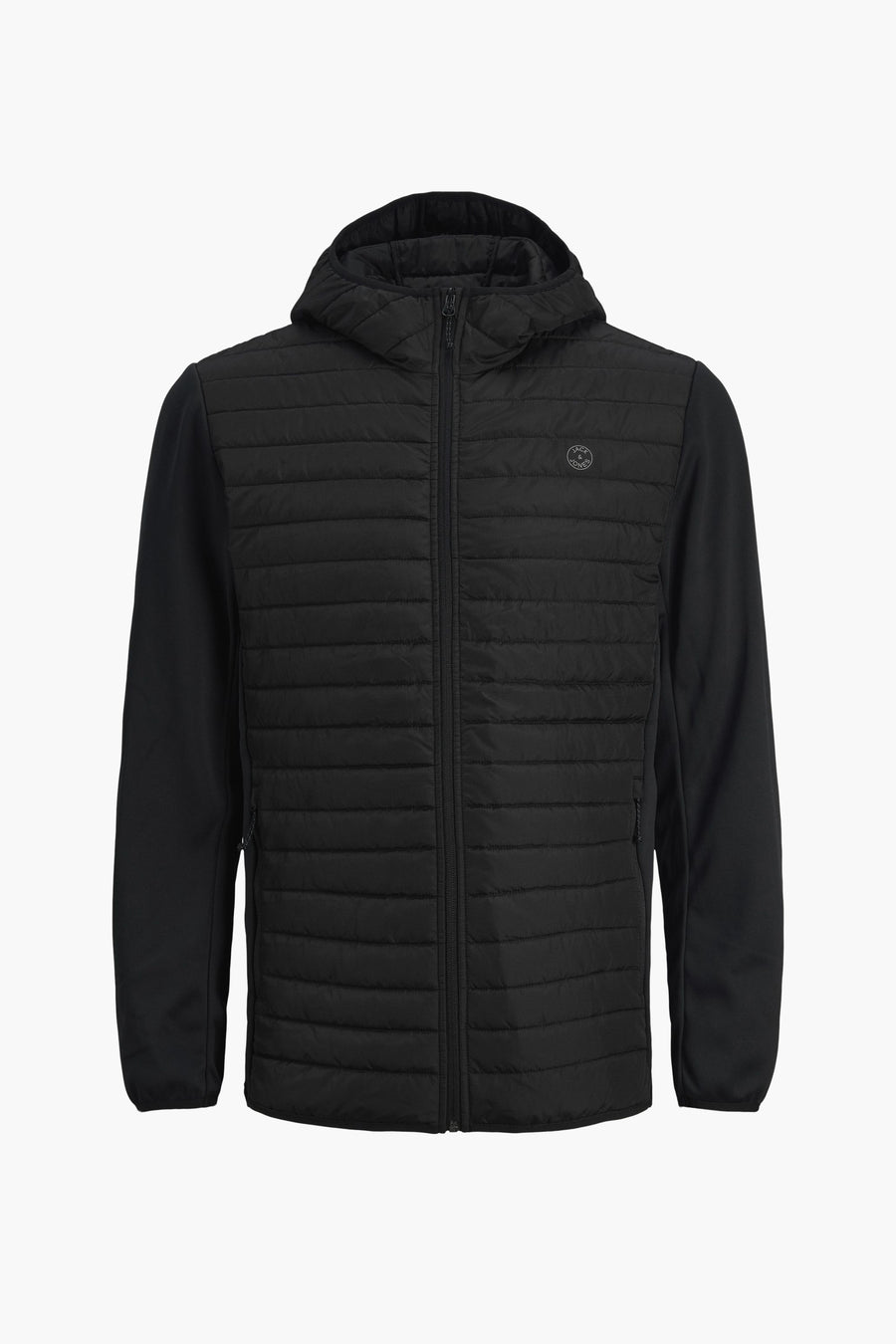 Veste imperméable noire de JACK & JONES, à capuche, avec des panneaux matelassés et des manches longues.