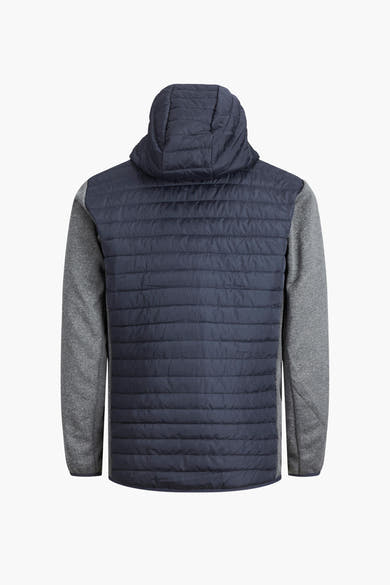 Grijze waterdichte jas van JACK & JONES met capuchon, marineblauwe gewatteerde details en grijze lange mouwen.
