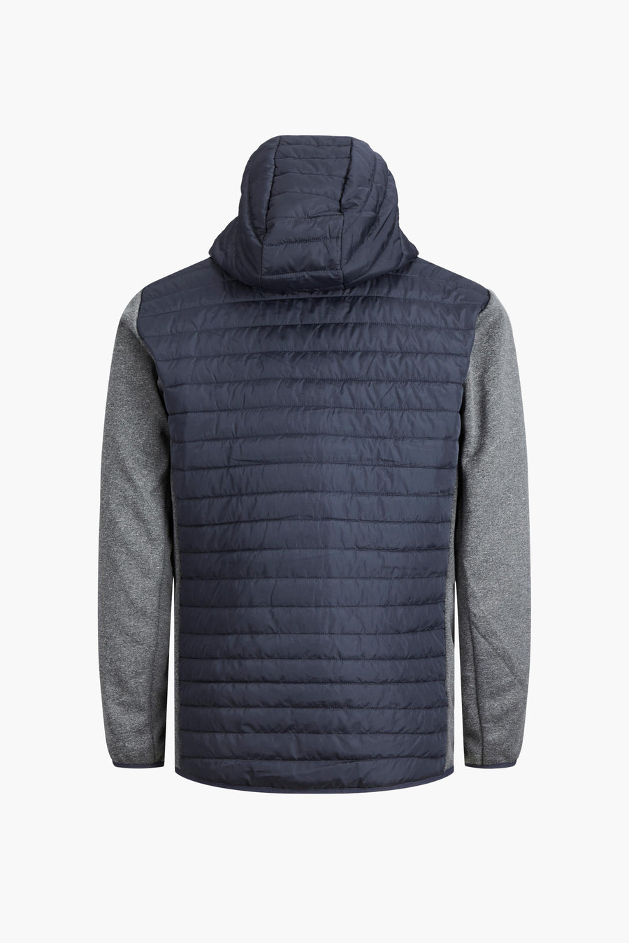 Grijze waterdichte jas van JACK & JONES met capuchon, marineblauwe gewatteerde details en grijze lange mouwen.