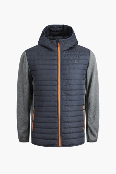 Grijze waterdichte jas van JACK & JONES, met capuchon en lange gemêleerd grijze mouwen, oranje ritssluiting.