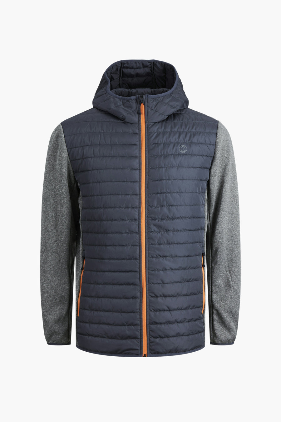 Grijze waterdichte jas van JACK & JONES, met capuchon en lange gemêleerd grijze mouwen, oranje ritssluiting.
