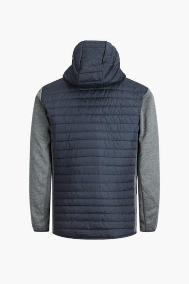 Grijze waterdichte jas van JACK & JONES, met marineblauwe gewatteerde capuchon en lange mouwen van gemêleerde stof.