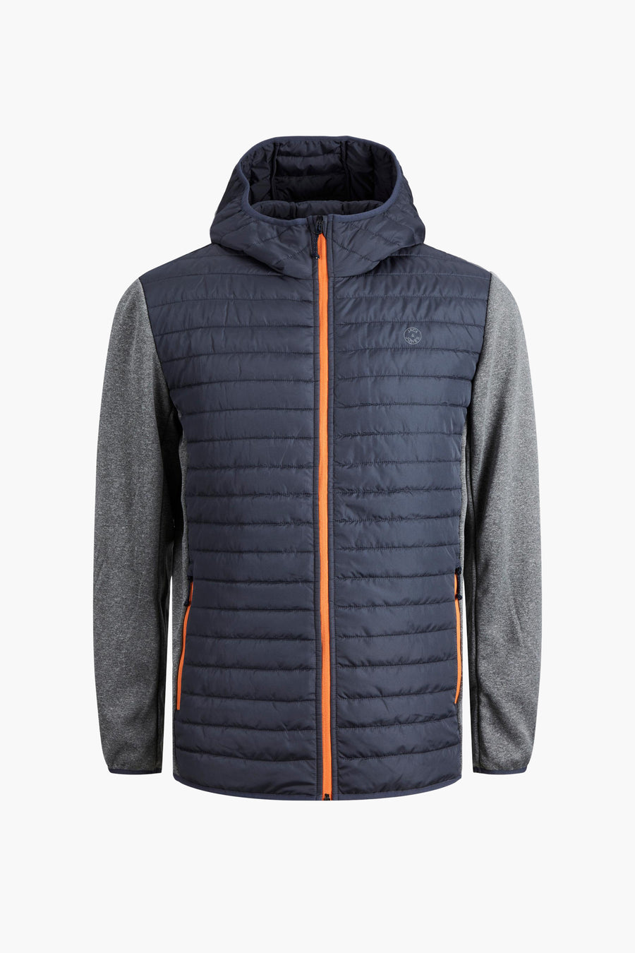 Grijze waterdichte jas van JACK & JONES met oranje ritssluiting en gewatteerde textuur.