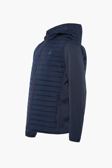 Korte blauwe jas van JACK & JONES met bordeauxrode ritssluiting en capuchon.