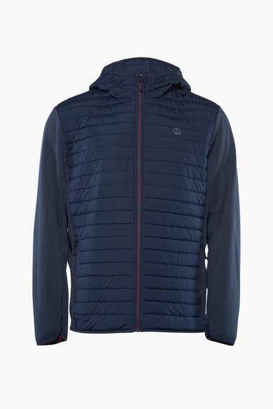 Korte blauwe jas van JACK & JONES, met bordeauxrode ritssluiting en capuchon.