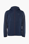 Korte blauwe jas van JACK & JONES, met bordeauxrode ritssluiting en capuchon.