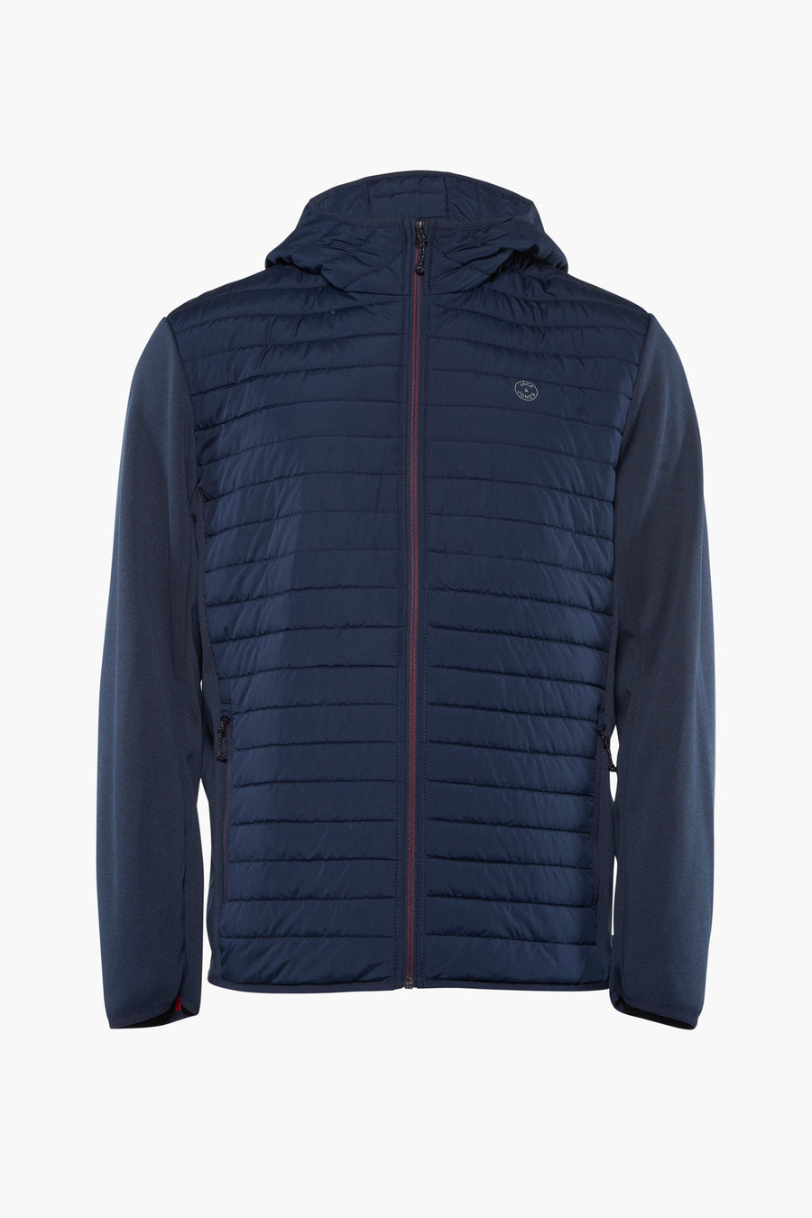 Korte blauwe jas van JACK & JONES, met bordeauxrode ritssluiting en capuchon.