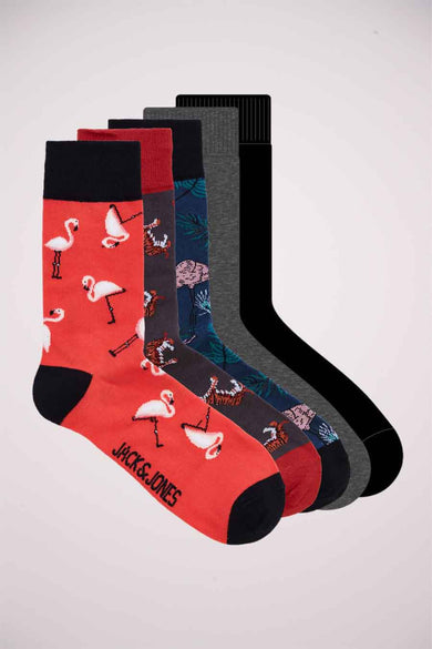 Lot de chaussettes rouge et noir de ACCESSORIES BY JACK & JONES, avec motifs flamants roses, tigres et éléphants.