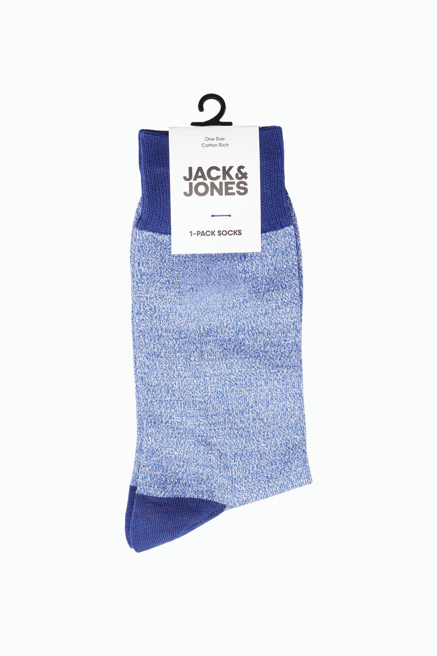 Chaussettes bleues en coton riche d'ACCESSORIES BY JACK & JONES, vues sur un cintre.