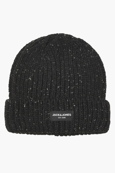 Bonnet noir moucheté par Jack & Jones, en maille côtelée avec un revers plié et une étiquette logo.