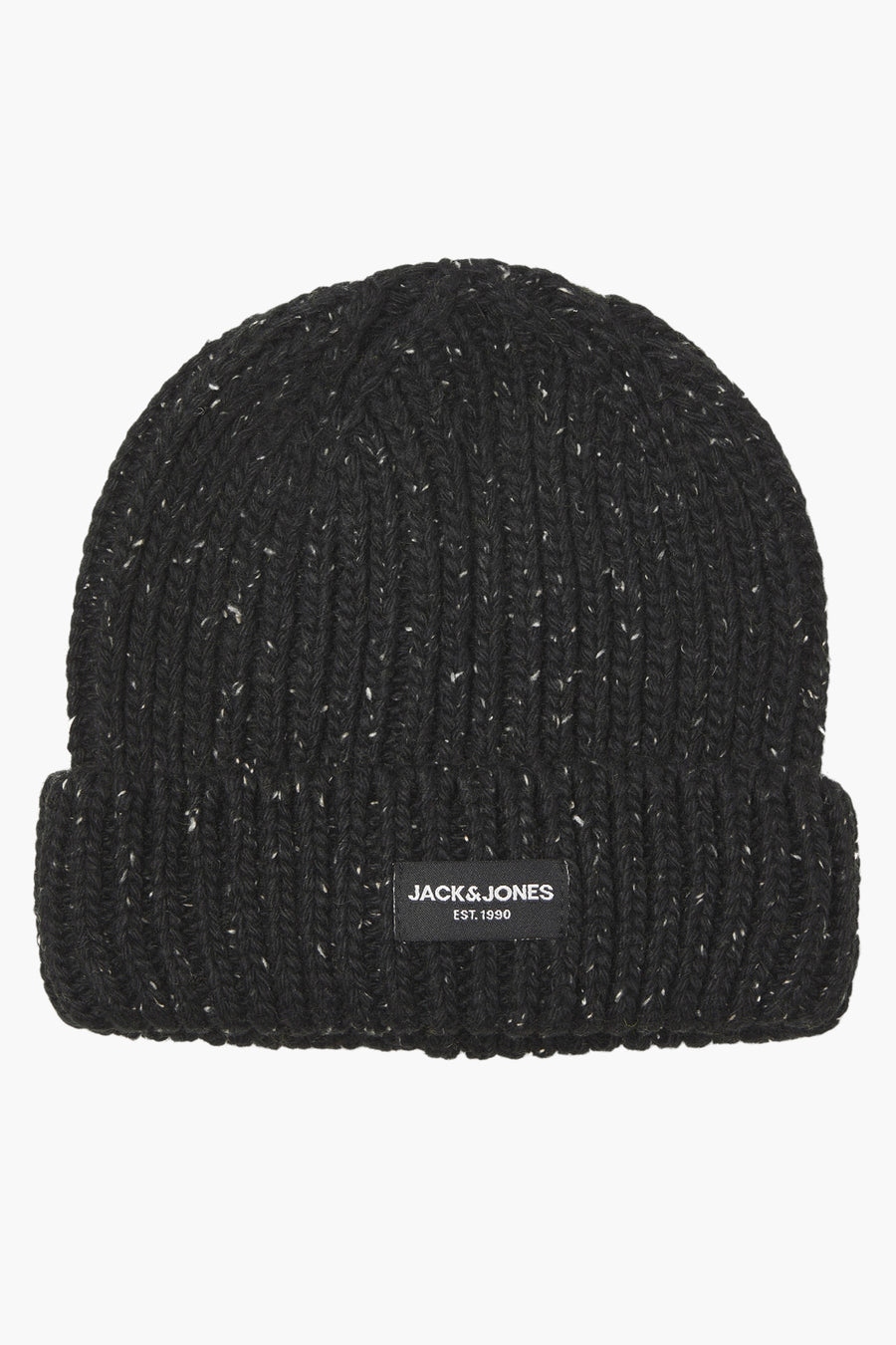 Bonnet noir moucheté par Jack & Jones, en maille côtelée avec un revers plié et une étiquette logo.