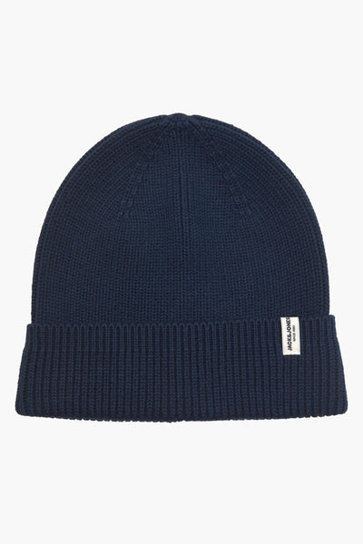 Bonnet bleu en maille par Accessories by Jack & Jones, avec un ourlet côtelé et une étiquette logo.