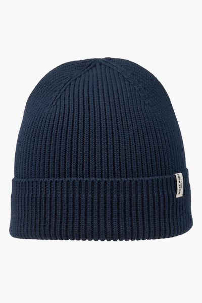 Blauwe geribbelde gebreide muts van ACCESSORIES BY JACK & JONES met een subtiel logo-patch.