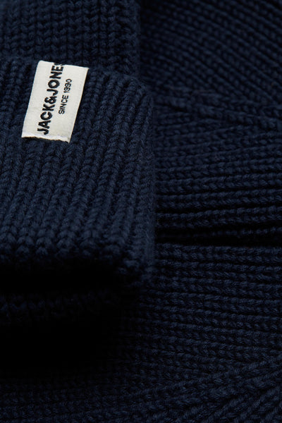 Blauwe gebreide muts van ACCESSORIES BY JACK & JONES, geribbelde textuur.