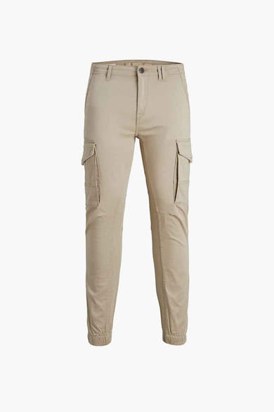 Pantalon cargo beige de JACK & JONES JEANS INTELLIGENCE avec poches latérales et chevilles élastiquées.
