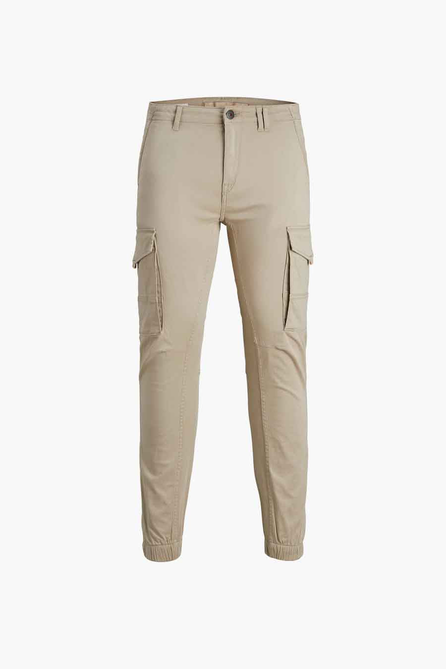 Pantalon cargo beige de JACK & JONES JEANS INTELLIGENCE avec poches latérales et chevilles élastiquées.
