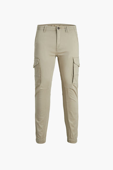 Pantalon cargo beige de JACK & JONES JEANS INTELLIGENCE, avec poches cargo sur les cuisses et chevilles élastiquées.