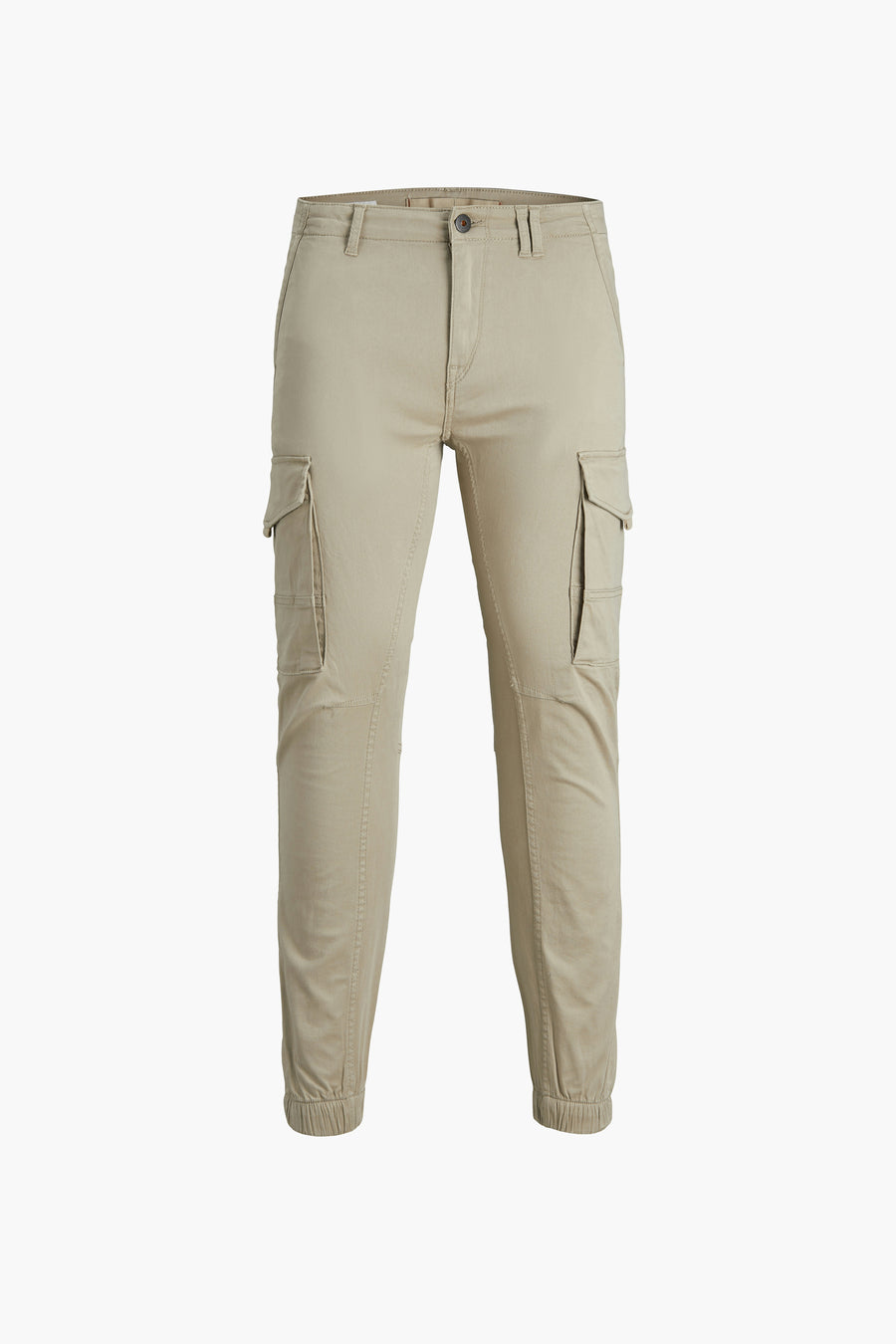 Pantalon cargo beige de JACK & JONES JEANS INTELLIGENCE, avec poches cargo sur les cuisses et chevilles élastiquées.