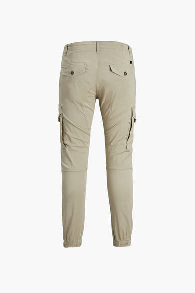 Pantalon cargo beige de JACK & JONES JEANS INTELLIGENCE, avec poches latérales et ourlets élastiqués, vue arrière.
