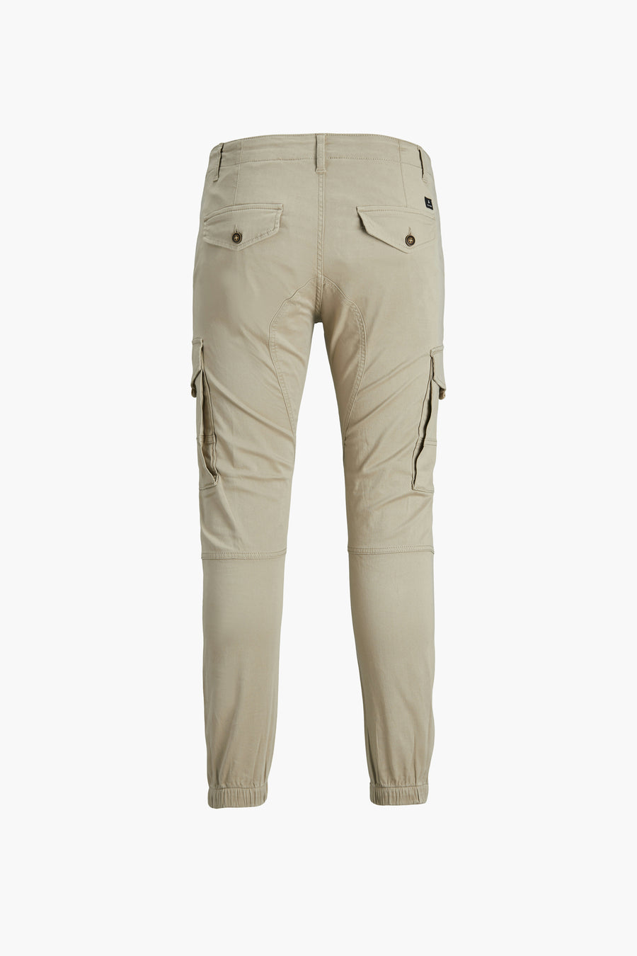 Pantalon cargo beige de JACK & JONES JEANS INTELLIGENCE, avec poches latérales et ourlets élastiqués, vue arrière.
