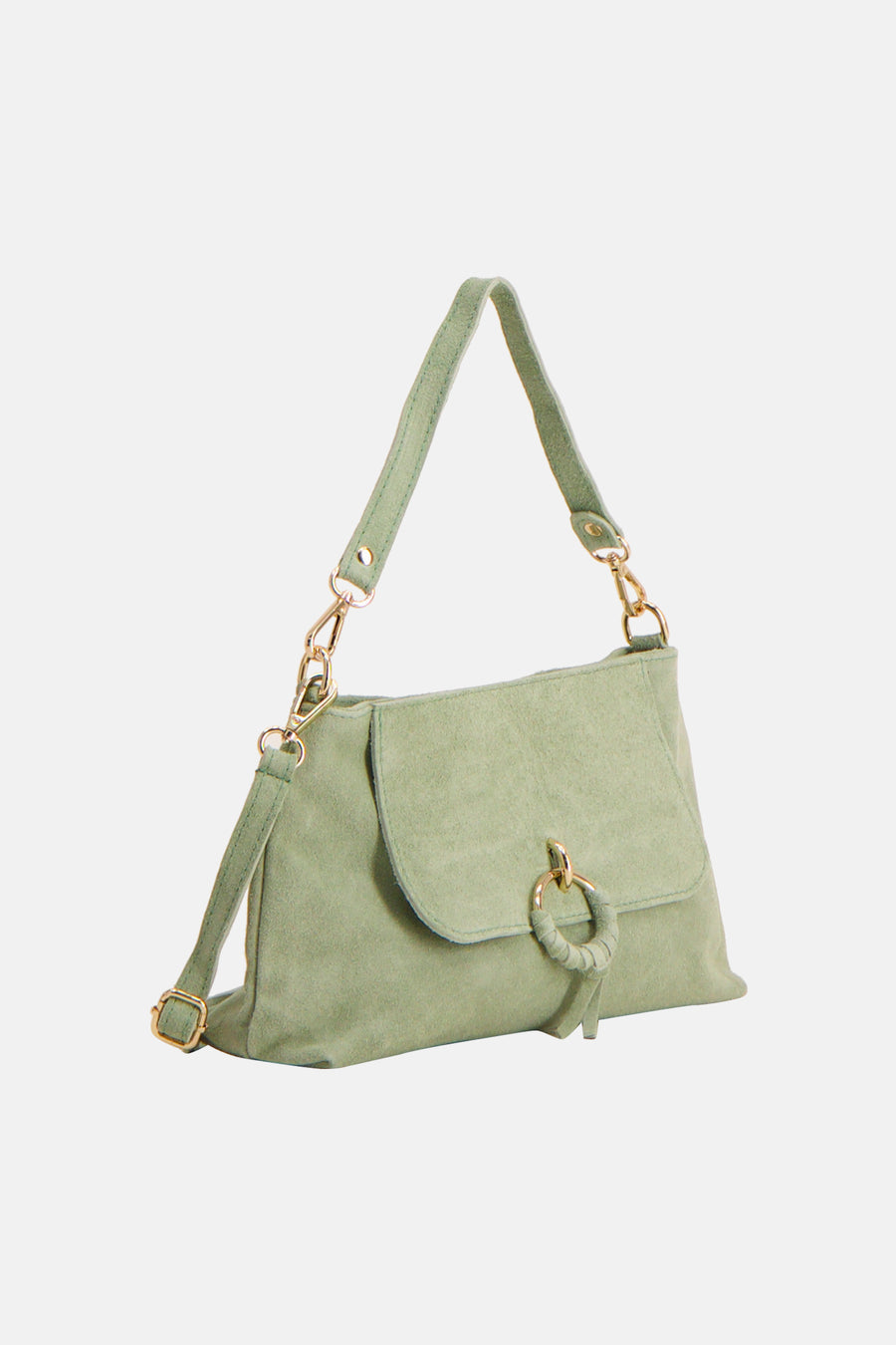 Sac à bandoulière vert en daim par Access®, avec boucle dorée et bandoulière ajustable.
