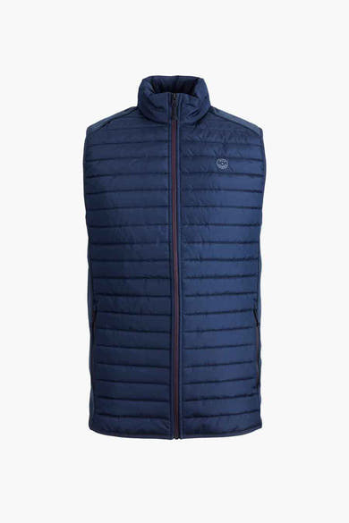 Blauwe mouwloze jas van JACK & JONES, met ritssluiting en doorgestikt patroon.