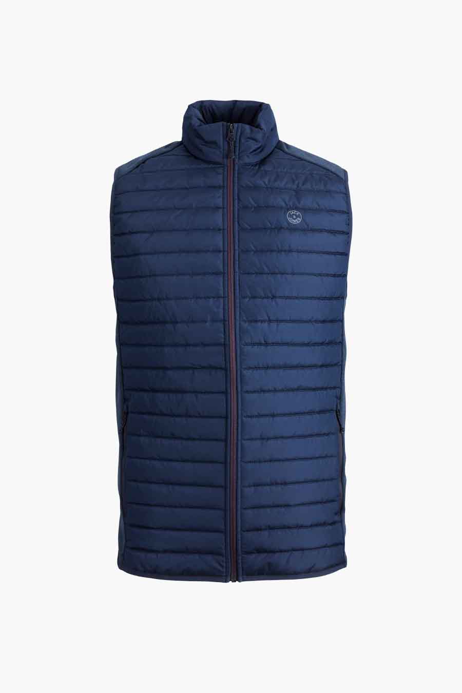 Blauwe mouwloze jas van JACK & JONES, met ritssluiting en doorgestikt patroon.