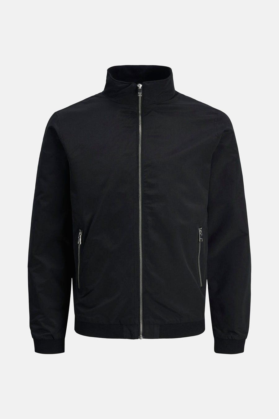 Kort zwart jack van JACK & JONES met zilveren ritssluiting en zijzakken met rits.