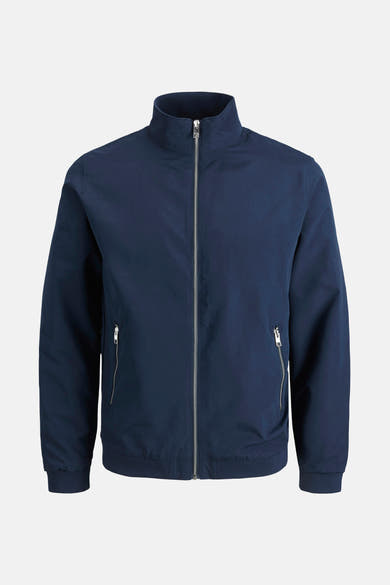 Korte blauwe jas van JACK & JONES met zilveren ritssluiting en zakken met rits.