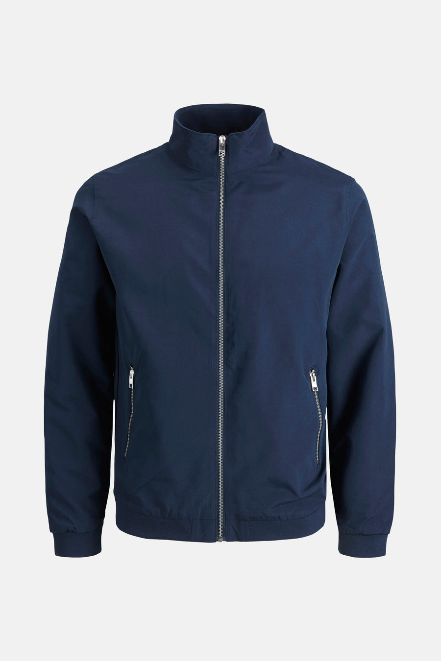 Korte blauwe jas van JACK & JONES met zilveren ritssluiting en zakken met rits.