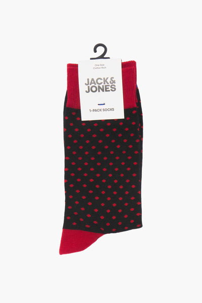 Red and black polka dot socks by Jack & Jones, featuring red cuff and toe, cotton-rich material, displayed on hanger.