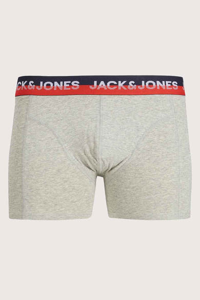 Boxer gris chiné ACCESSORIES BY JACK & JONES, avec une ceinture élastique à logo bleu marine et rouge.