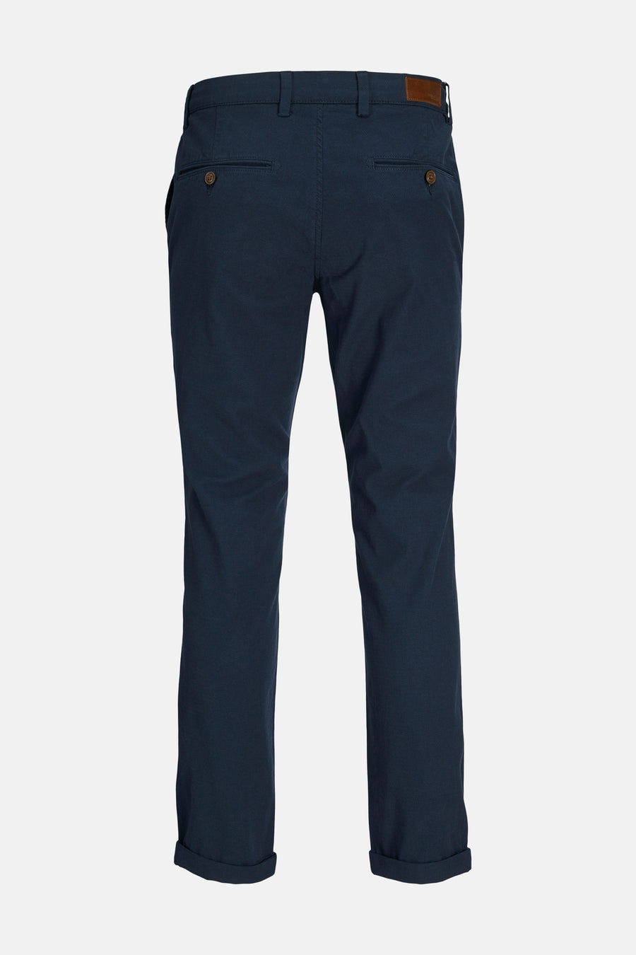 Chino bleu marine de JACK & JONES JEANS INTELLIGENCE avec poches arrière boutonnées et ourlets retournés.