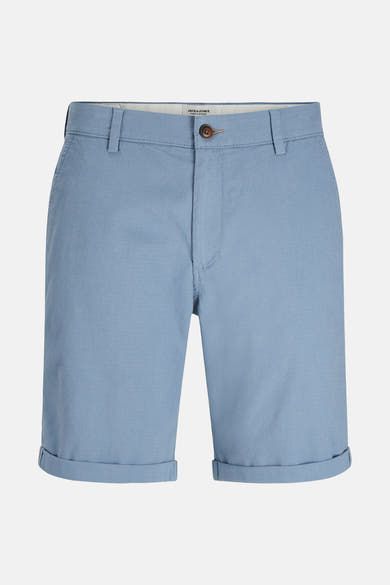 Korte blauwe short van JACK & JONES JEANS INTELLIGENCE, met knoopzakken achter en omgeslagen zomen.