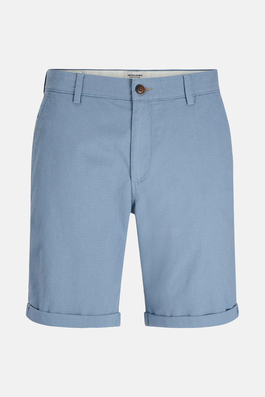 Korte blauwe short van JACK & JONES JEANS INTELLIGENCE, met knoopzakken achter en omgeslagen zomen.