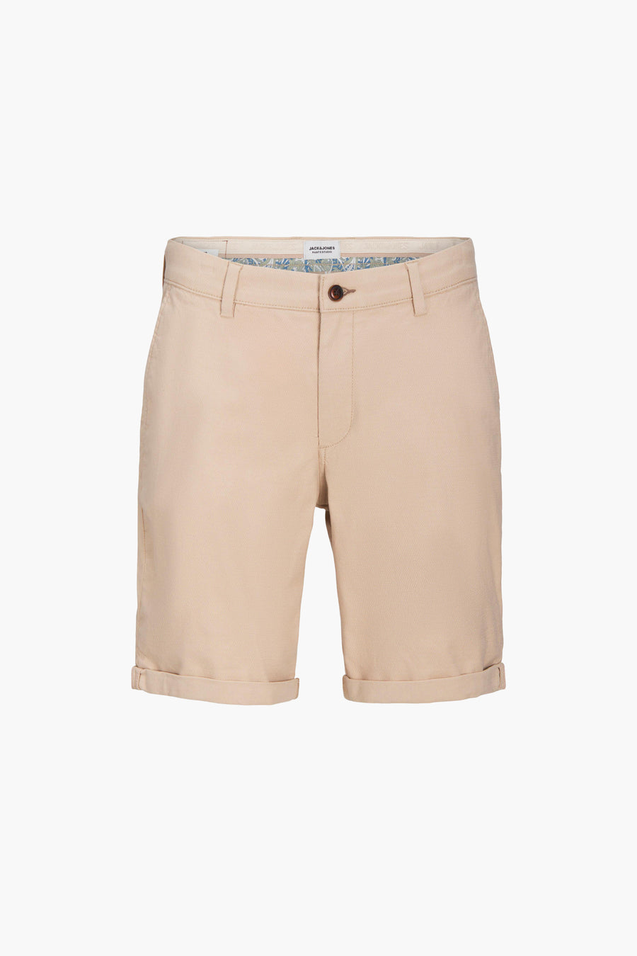 Korte beige short van JACK & JONES JEANS INTELLIGENCE met omgeslagen zomen en een bloemenprint aan de binnenkant.